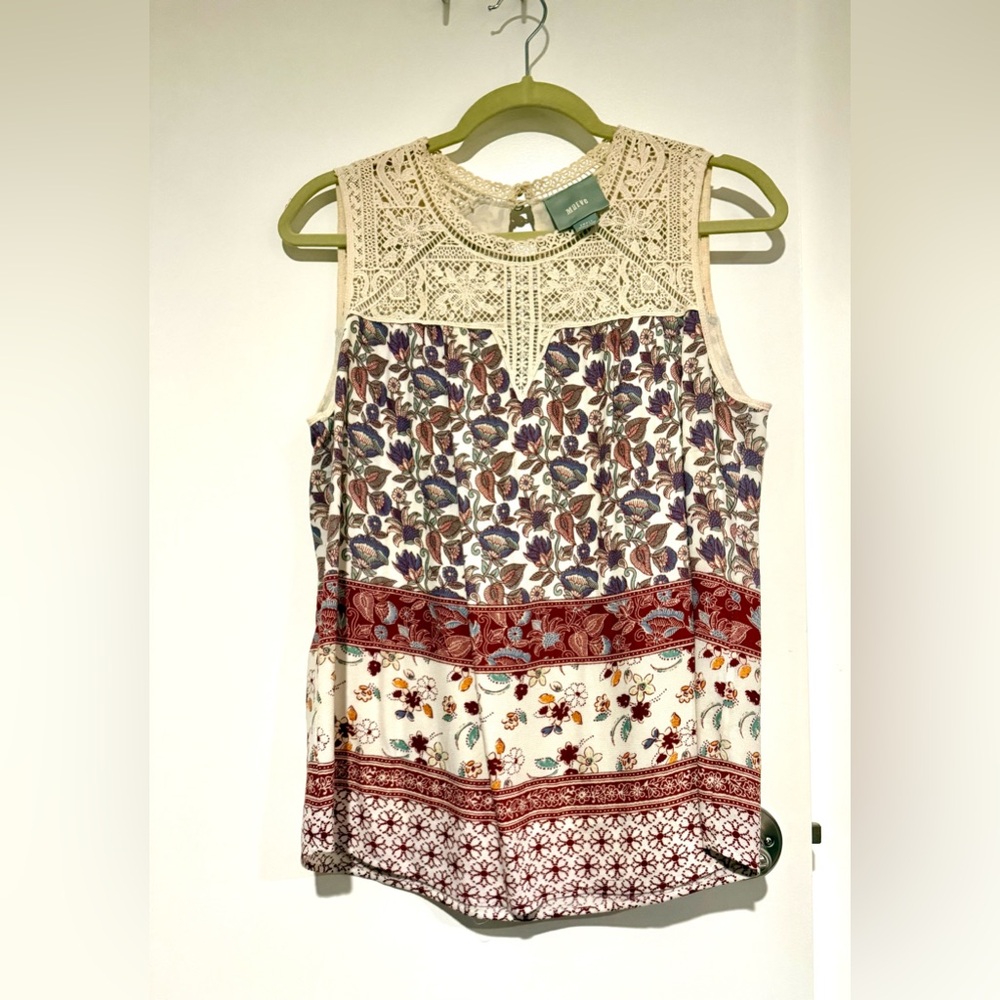 Anthropologie Floral Sleeveless Blouse with Lace